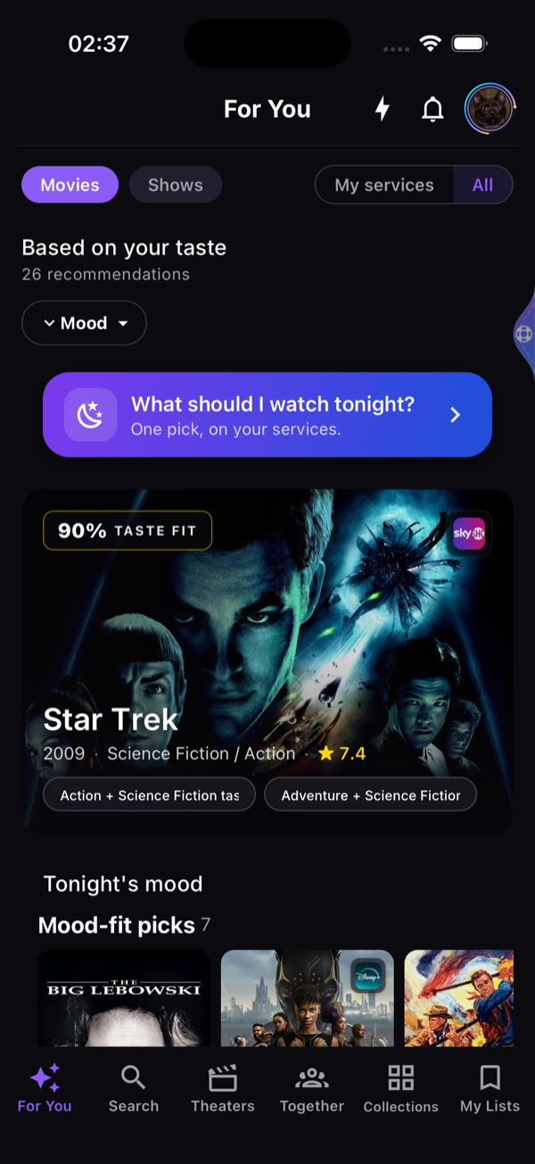 For You screen with recommendation lanes sorted by taste
